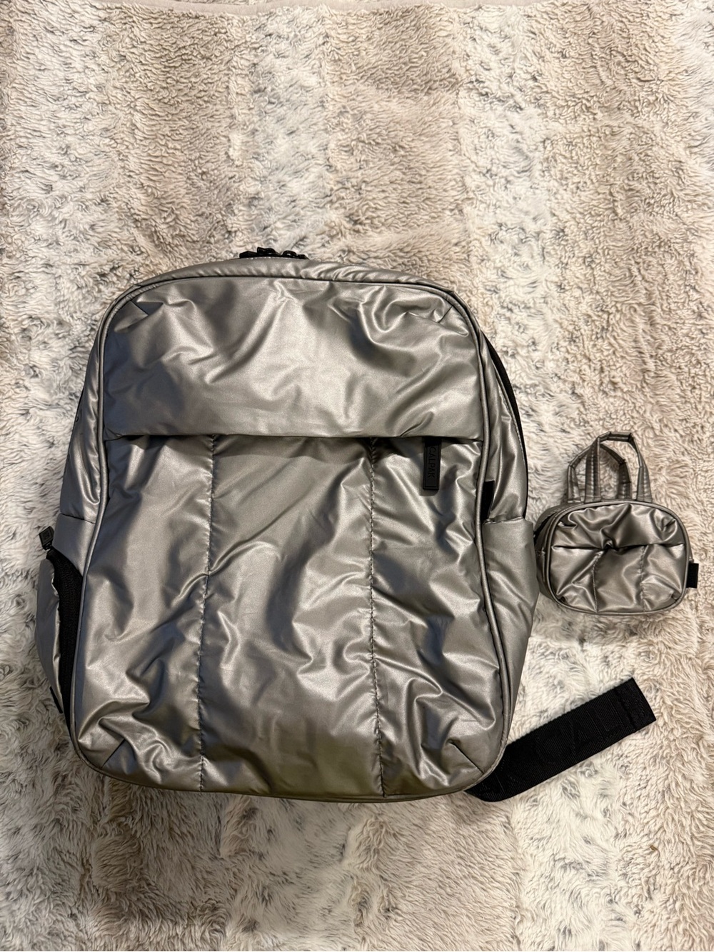 Calpak Metallic Gray Backpack with Mini Pouch